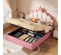 Merax Cama infantil de 140 x 200 cm, tapizada para cama doble con espacio de almacenamiento hidráulico, cama infantil LED, cama de princesa heredera, marco de cama con somier, piel sintética, color