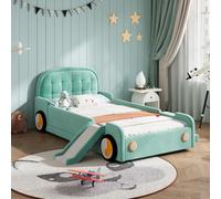 Merax Cama infantil de 90 x 200 cm con tobogán y escalera, cama para coche con acolchado y protección contra caídas, cama de juegos para habitación infantil, cama baja tapizada con tobogán de montaje