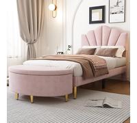 Merax Cama infantil tapizada con banco tapizado, 90 x 200 cm, cama tipo concha con patas de hierro doradas, cabecero regulable en altura, terciopelo, rosa, sin colchón