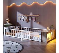 Merax Cama plana, cama infantil de 90 x 200 cm, estructura de cama de metal, cama de hierro, cuna, con barandillas protectoras, taquillas, tiras de luces LED, color blanco (sin colchón)