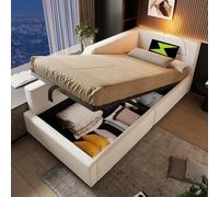 Merax Cama tapizada, 90 x 190 cm, sofá cama con almacenamiento hidráulico, función de luz de lectura y función de carga USB-C, cama infantil, cama juvenil con somier de madera, terciopelo, beige