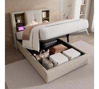 Merax Cama tapizada, cama juvenil, 90 x 200 cm, cama individual con espacio de almacenamiento hidráulico, carga inalámbrica USB C, estructura de cama con somier, sin colchón, lino natural