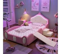 Merax Cama tapizada con tobogán y escalera, cama individual con rayas LED multimodo, diseño de corona, 90 x 200 cm, color rosa y beige