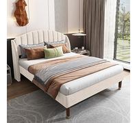Merax Cama tapizada de 140 x 200 cm, cama de matrimonio con cabecero de canal y laterales de alas, soporte de listones de madera, con somier y cabecero, cama juvenil, terciopelo, beige, sin colchón