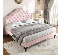 Merax Cama tapizada de 140 x 200 cm, cama doble con cabecero de estudio decorado con botones, marco de cama con somier de láminas y patas de madera, cabecero ajustable en altura, terciopelo, rosa, sin