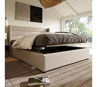 Merax Cama tapizada de 160 x 200 cm, cama doble hidráulica con somier y cajón, cama de almacenamiento con cabecero alto, marco de metal, lino, para adultos y adolescentes, sin colchón, color beige