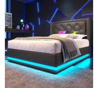 Merax Cama tapizada de 160 x 200 cm, material de poliuretano negro, cama de almacenamiento hidráulico, cabecero acolchado con función de carga USB tipo C, función LED de 3 lados (sin colchón)