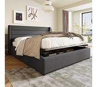 Merax Cama tapizada de 180 x 200 cm, cama doble hidráulica con somier y cajón, cama de almacenamiento con cabecero alto, estructura de metal, lino, para adultos y adolescentes, sin colchón, color gris