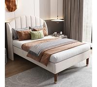 Merax Cama tapizada de 90 x 200 cm, cama individual con cabecero de canal y laterales de alas, soporte de listones de madera, con somier y cabecero, cama juvenil, terciopelo, beige, sin colchón