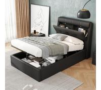 Merax Cama tapizada de 90 x 200 cm, cama individual juvenil, cama de almacenamiento hidráulico con cabecero oculto, estructura de cama funcional con espacio de almacenamiento y somier, PU, sin colchón