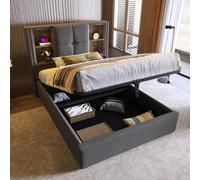 Merax Cama tapizada juvenil con espacio de almacenamiento, 90 x 200 cm, cama individual con espacio de almacenamiento hidráulico, carga inalámbrica USB C, estructura de cama con somier, sin colchón