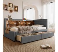 Merax Cama tapizada sofá cama 90 x 200 cm, cama de día con función de carga USB tipo C, cama de día con 2 cajones y varios estantes, con somier de madera, lino, gris (sin colchón)