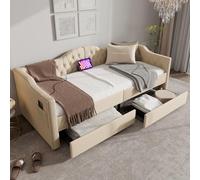 Merax Cama tapizada, sofá cama, cama con función de carga USB tipo C y 2 cajones, 90 x 200 cm, terciopelo beige (sin colchón)
