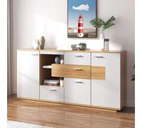 Merax Cómoda de madera moderna con iluminación LED y estante de cristal, armario 2 puertas 4 cajones, para salón, comedor y dormitorio, 160 x 40 x 77 cm, blanco y madera