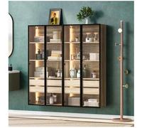 Merax Conjunto de 2 Muebles de Baño con LEDs - 148 x 36 x 155 cm - 4 cajones grandes y 4 puertas de cristal - Madera MDF - natural