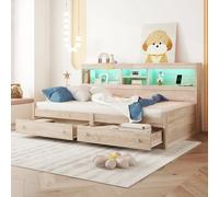 Merax Daybed 90x200cm Sofá cama con toma de carga USB Iluminación LED Cajones Toma de láminas Nature Natural 90 x 200 cm