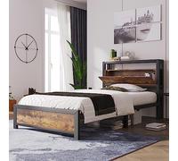 Merax Estructura de cama de metal con cabecero de almacenamiento de madera y somier de láminas de metal, cama individual de 90 x 200 cm para dormitorio, niños, adolescentes, negro