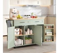Merax Isla de cocina con 5 ruedas ocultas, carrito de cocina con encimera ampliable, aparador con armario, altura regulable, estante, toallero, maletín extraíble para cubiertos, color verde