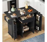 Merax Isla de cocina con encimera plegable, carrito de cocina móvil con 4 puertas, 1 cajón, estantes integrados para especias en las puertas, toallero de doble cara, 120 × 45 (70) × 95 cm/negro