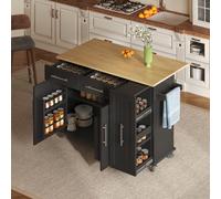 Merax Isla de cocina con hoja Drop Leaf, carrito de cocina móvil con almacenamiento de 3 niveles, toallero, 2 cajones, carro de almacenamiento negro para cocina, comedor y sala de estar