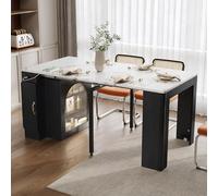 Merax Isla de cocina independiente con encimera extensible sobre ruedas, isla de cocina con espacio de almacenamiento, LED y patrón de mármol, enchufe, mesa de comedor, aparador, mesa de bar para