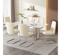 Merax Juego de 6 sillas de comedor de terciopelo con patas de apoyo de metal, cómodas sillas voladizas para salón, dormitorio, terciopelo, beige y plata