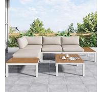 Merax Juego de muebles de jardín para 4 personas, con mesa, sofá esquinero de hierro galvanizado y madera maciza, para jardín, balcón, terraza, incluye cojines, resistente a la intemperie, color beige