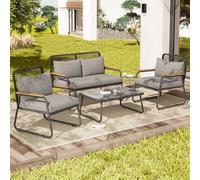 Merax Juego de muebles de jardín para 4 personas, juego de salón de jardín con cojín y mesa, sofá esquinero exterior de hierro galvanizado, cuerda trenzada a mano, resistente a la intemperie, para