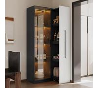Merax Librería con puertas de cristal, armario multifunción con armario con ruedas, armario vitrina de pie, vitrina de cristal con iluminación LED y estante extraíble para estanterías, color negro y