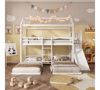 Merax Litera con tobogán, cama infantil con estante abierto, madera de pino estable + tablero de fibra de densidad media, 90 x 200 cm, color blanco, 3 plazas, capacidad de carga de 120 kg
