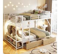 Merax Litera de 140 x 200 cm con iluminación LED y barra para colgar ropa, cama alta con 2 cajones y estantes, marco de hierro robusto, cuna espaciosa sin colchón, color blanco