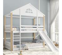 Merax Litera de 90 x 200 cm, cama infantil con tobogán, cama con ventana y rejilla de protección contra caídas, cama alta con escalera de tres niveles, cama de juegos de pino y MDF, blanco/natural