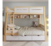 Merax Litera infantil con 3 cajones y soporte para libros de imágenes de 2 m, color blanco y natural, flexible en 90 x 200 cm y 120 x 200 cm, con rejilla de seguridad y escalera, cama para niños