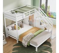 Merax Litera infantil con armario, 90 x 200 cm + 140 x 200 cm, cama alta multifuncional con escalera de almacenamiento, gran espacio de almacenamiento, madera maciza + MDF, color blanco, sin colchón