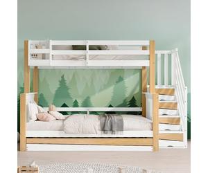 Merax Litera infantil con cama abatible, escalera de almacenamiento y estante de almacenamiento, moderna cama para habitación infantil, ahorra espacio, acabado blanco y natural, 90 x 200 cm, 120 x 200