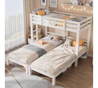 Merax Litera triple, cama infantil, 90 x 200 cm, con escalera lateral, madera maciza, color blanco, para 3 personas, certificado EN747