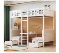 Merax Literas 90 x 200 cm con 2 cajones y 4 cojines - Cama/escritorio 2 en 1 - Madera MDF - Blanco