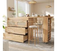 Merax Mesa de bar extensible 128-203 × 39 × 90 cm, mesa alta giratoria con 6 cajones, puertas de ratán de polietileno, bloqueo antivuelco y espacio de almacenamiento, mesa de comedor extensible para