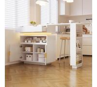 Merax Mesa de bar extensible con espacio de almacenamiento, mesa alta giratoria 360°, isla de cocina con encimera extensible, iluminación LED, cajón, estantería para aperitivos y estantes ajustables