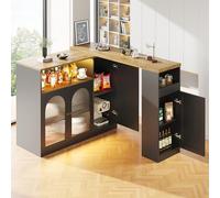 Merax Mesa de bar extensible con espacio de almacenamiento, mesa de bar giratoria 360°, mesa auxiliar de bar, mesa alta, mesa de bistró, mesa de café, con puerta de armario de cristal y luz LED, color