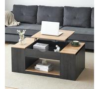 Merax Mesa de centro ajustable en altura con grano de madera, cuerpo gris y espacio de almacenamiento secreto, mesa de café de 109 cm con mecanismo hidráulico, mesa de sofá con estante abierto y