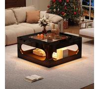 Merax Mesa de centro cuadrada con iluminación LED y cristal templado, 70 x 70 x 35 cm, con espacio de almacenamiento, controlable mediante aplicación, color negro, mesa de salón para salón moderno