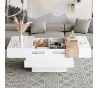 Merax Mesa de centro de alto brillo con mesa extensible y almacenamiento oculto, 70 x 70 x 39 cm, mesa de sofá cuadrada, color blanco + nogal, mesa auxiliar con 2 compartimentos