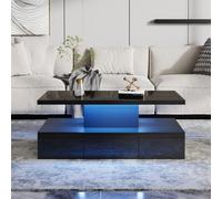 Merax Mesa de centro de dos niveles 100 x 50 x 39 cm con luz LED de 16 colores, mesa de salón de alto brillo, mesa de sofá con estante de exhibición abierto y 1 cajón deslizante, mesa central