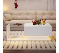 Merax Mesa de centro LED brillante, 100 x 50 x 32 cm, con tapa de cristal, 1 cajón, mesa moderna con diseño resistente a los arañazos y control Bluetooth, color blanco