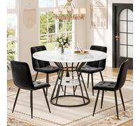 Merax Mesa de comedor redonda 100×100×76 cm, para 4 personas, estructura metálica, superficie fija, patas ajustables, tablero de MDF, para restaurante, salón, cocina, comedor, diseño de mármol blanco+