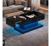 Merax Mesas de centro de 100 x 50 x 45 cm, mesa de té elevadora de alto brillo, mesa de café con iluminación LED - Mesa semielevable y diseño lateral deslizante, elevación hidráulica y espacio de