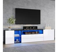Merax Mueble de TV con LED, armario de televisión brillante con 2 puertas y 2 cajones, soporte para TV de hasta 75 pulgadas, mueble bajo para salón, dormitorio, comedor, 180 cm, negro y blanco