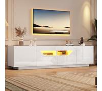 Merax Mueble de TV con luz LED, mesa de televisión de alto brillo, armario moderno con 2 puertas, 2 cajones, compartimentos abiertos, soporte para TV de hasta 75 pulgadas, para salón, 180 cm, color