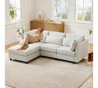 Merax Sofá moderno de 3 plazas - Sofá multifuncional con función de dormir, sofá esquinero en forma de L con reposapiés, tela de lino de algodón, incluye 5 almohadas, para salón, dormitorio